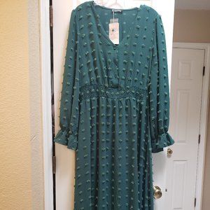 Dark Green Boho Maxi Dress  with Long Sleeve V Neck and fun Swiss Dot Design